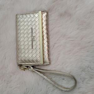 Adrienne Vittadini Studio Phone Wallet RFID Wristlet Gold Basket Weave